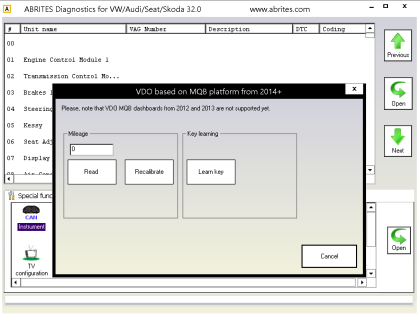 VN007 VAG Mileage Recalibration for MQB Vehicles Function