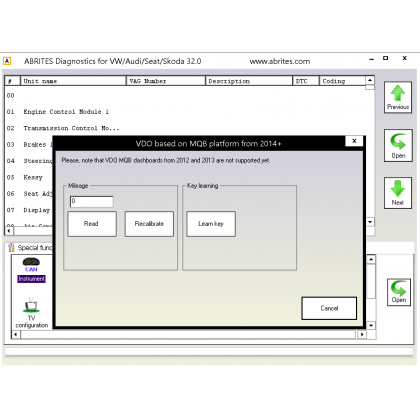 VN007 VAG Mileage Recalibration for MQB Vehicles Function